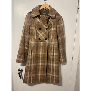 United Colors of Benetton Beige Classic Plaid Wool Trench Coat 40 Small